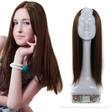 24" Long Straight Cheap Private Half Up Clip In Synthetic Hair Wigs High Temperature Fibre U Part Wig For White Black Women